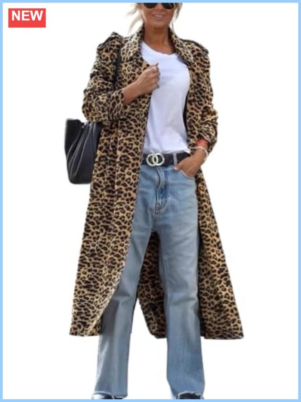 Faux Suede Leopard Print Pea Coat Notched Lapel Loose Trench